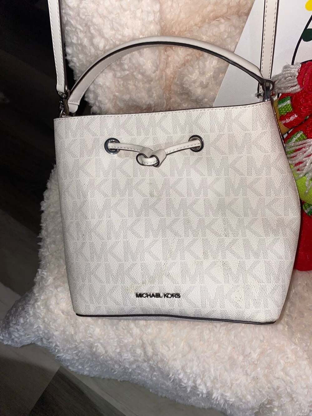 Michael Kors Suri Small Logo Messenger Bucket Bag in Vanilla/Acorn